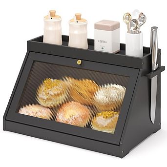 100% Bamboo Large Bread Box with Shelf for Kitchen Countertop, Wooden Bread Storage Container