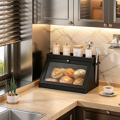 100% Bamboo Large Bread Box with Shelf for Kitchen Countertop, Wooden Bread Storage Container