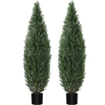 2 Pack Artificial Cedar Pine Trees with Black Pots, UV Protected, Evergreen for Front Porch Decor