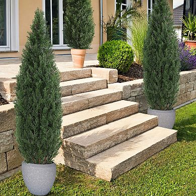 2 Pack Artificial Cedar Pine Trees with Black Pots, UV Protected, Evergreen for Front Porch Decor