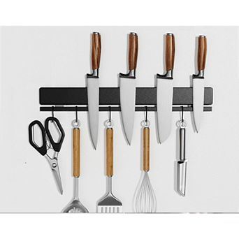 No-Drill 12" Magnetic Knife Holder Black Stainless Steel Organizer with 6 Flexible Hooks