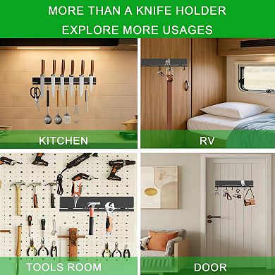 No-Drill 12" Magnetic Knife Holder Black Stainless Steel Organizer with 6 Flexible Hooks