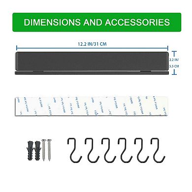 No-Drill 12" Magnetic Knife Holder Black Stainless Steel Organizer with 6 Flexible Hooks