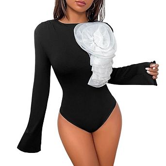 Women's Floral Long Sleeve Crew Neck Slimming Bodysuit
