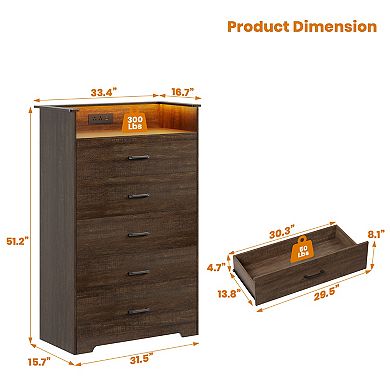 47" Tall Chest of Drawers with LED Light and Charging Station