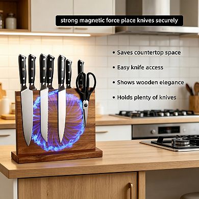 Double-Sided Acacia Wood Magnetic Knife Holder, Universal Kitchen Countertop Organizer