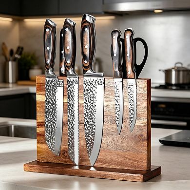 Double-Sided Acacia Wood Magnetic Knife Holder, Universal Kitchen Countertop Organizer