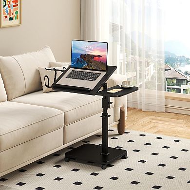C-Shaped End Table on Wheels, Adjustable Height, 180° Swivel TV Tray for Couch, Bedroom, Small Space