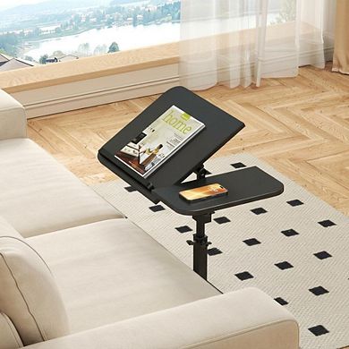 C-Shaped End Table on Wheels, Adjustable Height, 180° Swivel TV Tray for Couch, Bedroom, Small Space