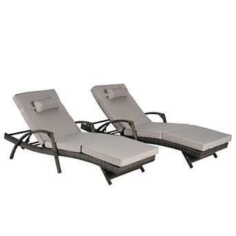 Eazegath Set of 2 Outdoor Grey Wicker Lounge Chaise Long Reclining Chair with Cushions and Armrests