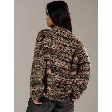 Womens Vintage Plush Cardigan Deep V Neck Long Sleeve Open Front