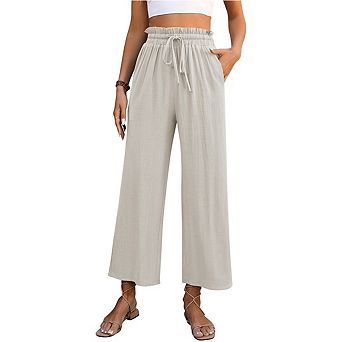 Womens Pants Wide Leg High Waisted Adjustable Drawstring With Pockets Casual Lightweight