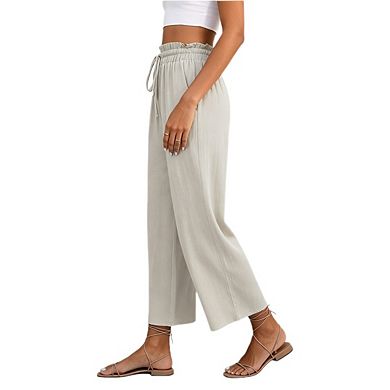 Womens Pants Wide Leg High Waisted Adjustable Drawstring With Pockets Casual Lightweight