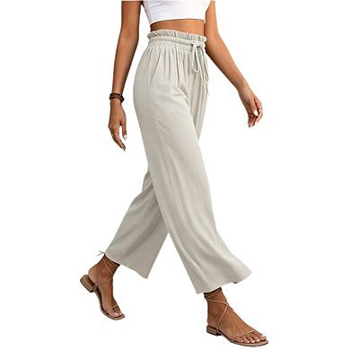 Womens Pants Wide Leg High Waisted Adjustable Drawstring With Pockets Casual Lightweight