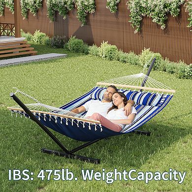 Double Hammock with Stand-475 lbs, Adjustable Two-Layer, Steel Frame&Thick Rope for Outdoor Camping