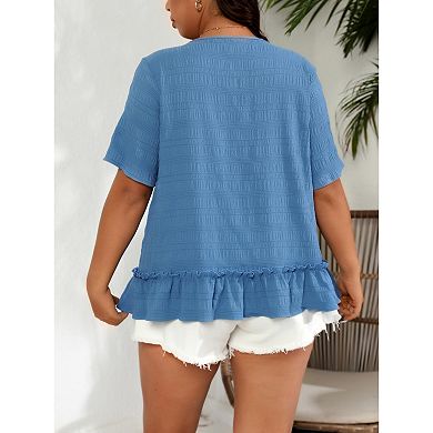 Plus Size Women's Ruffle Hem Tunic Top, Round Neck Short Sleeve Casual Blouse