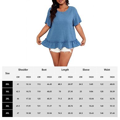 Plus Size Women's Ruffle Hem Tunic Top, Round Neck Short Sleeve Casual Blouse