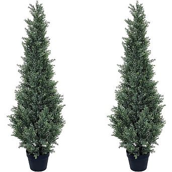 Artificial Cedar Topiary Trees 2 Set, Realistic Fake Cypress Tree Tall Faux Pine Shrubs Plants