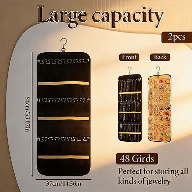 2 Pack Dual-Sided Hanging Organizer 48 Pockets Hooks for Jewelry Cosmetics Foldable
