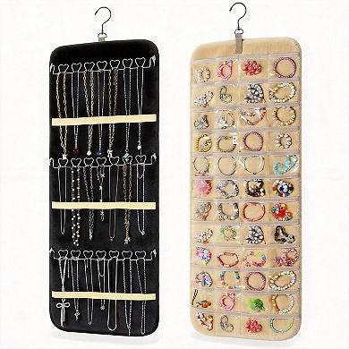 2 Pack Dual-Sided Hanging Organizer 48 Pockets Hooks for Jewelry Cosmetics Foldable