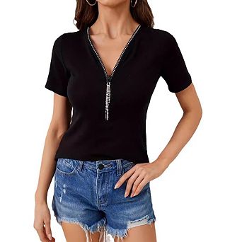 Women's V-neck Diamond Pendant Zipper Tops Solid Color Short Sleeve T-shirt