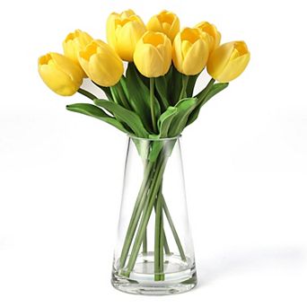 Realistic Touch Artificial Tulips in Glass Vase, Elegant Silk Flowers for Home, Wedding & Decor