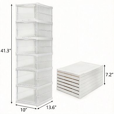 6 Pack Clear Stackable Shoe Boxes Magnetic Drop Front PP Organizer