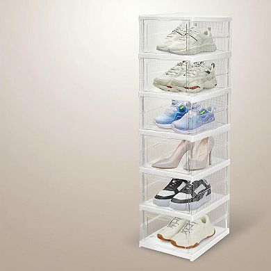 6 Pack Clear Stackable Shoe Boxes Magnetic Drop Front PP Organizer