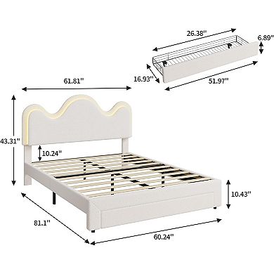 Bed Frame with LED Headboard and Under, Bed Drawer, Metal Upholstered Platform Bed
