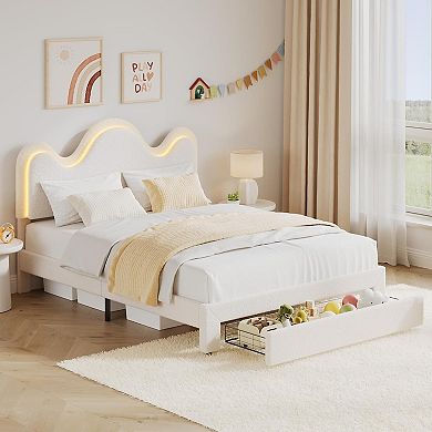 Bed Frame with LED Headboard and Under, Bed Drawer, Metal Upholstered Platform Bed