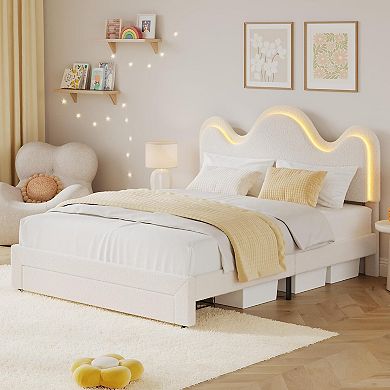 Bed Frame with LED Headboard and Under, Bed Drawer, Metal Upholstered Platform Bed