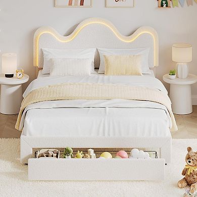 Bed Frame with LED Headboard and Under, Bed Drawer, Metal Upholstered Platform Bed