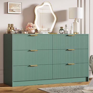 59 in Wide Fluted 6 Drawers Dresser with Metal Handles