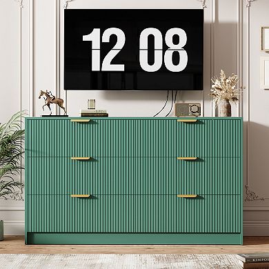 59 in Wide Fluted 6 Drawers Dresser with Metal Handles