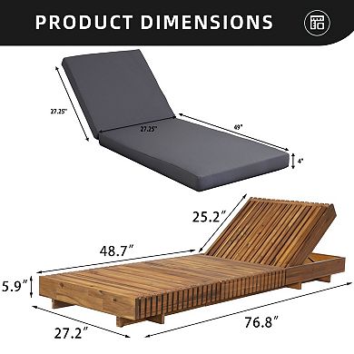 Eazegath Outdoor Wood 6-Position Adjustable Chaise Lounge Chair with 4'' Thick Cushion