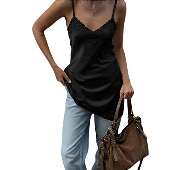 Women's V Neck Lace Camisole Top Sleeveless Spaghetti Strap Asymmetrical Tank Top Streetwear