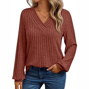Women's V-Neck Ribbed Knit Long Sleeve Top
