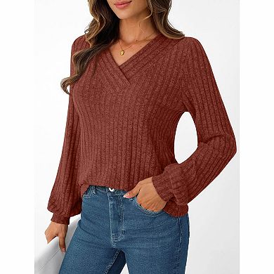 Women's V-Neck Ribbed Knit Long Sleeve Top