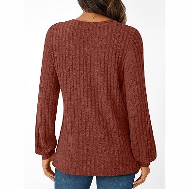 Women's V-Neck Ribbed Knit Long Sleeve Top
