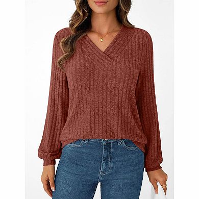 Women's V-Neck Ribbed Knit Long Sleeve Top