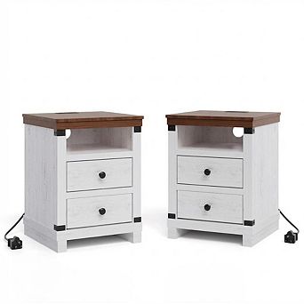 Nightstand with USB Ports & AC Outlets, Bedside Table with 2 Drawers & Open Shelf, Sturdy End Table