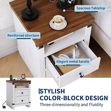 Nightstand with USB Ports & AC Outlets, Bedside Table with 2 Drawers & Open Shelf, Sturdy End Table