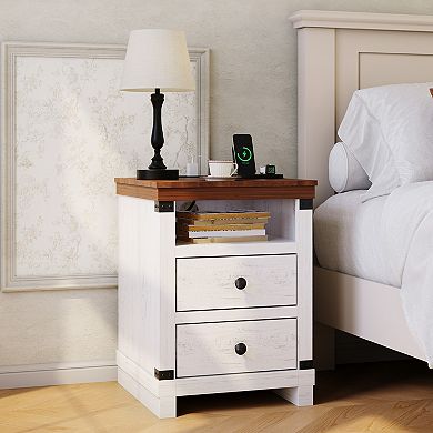 Nightstand with USB Ports & AC Outlets, Bedside Table with 2 Drawers & Open Shelf, Sturdy End Table