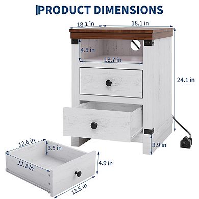 Nightstand with USB Ports & AC Outlets, Bedside Table with 2 Drawers & Open Shelf, Sturdy End Table