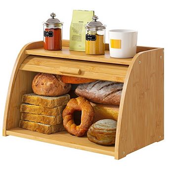 100% Bamboo Wood Large Bread Box for Kitchen Countertop, Corner Bread Storage Container