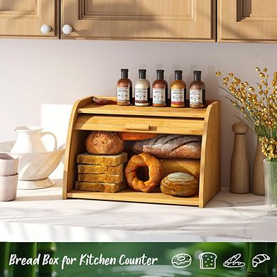 100% Bamboo Wood Large Bread Box for Kitchen Countertop, Corner Bread Storage Container