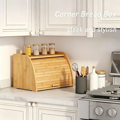 100% Bamboo Wood Large Bread Box for Kitchen Countertop, Corner Bread Storage Container