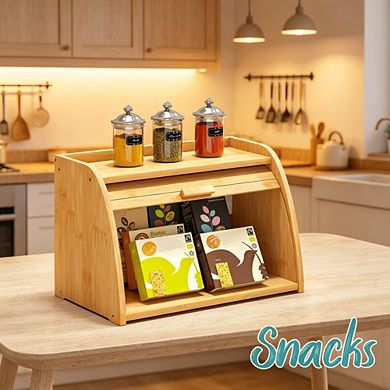 100% Bamboo Wood Large Bread Box for Kitchen Countertop, Corner Bread Storage Container