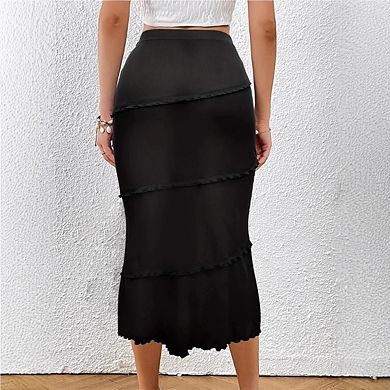Women's Bodycon High Waisted Ruffle Mesh Party Midi Skirts