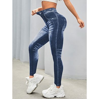 Jeggings For Women Comfortable Seamless Denim Printed V Back Waist Quick Dry Running Pants